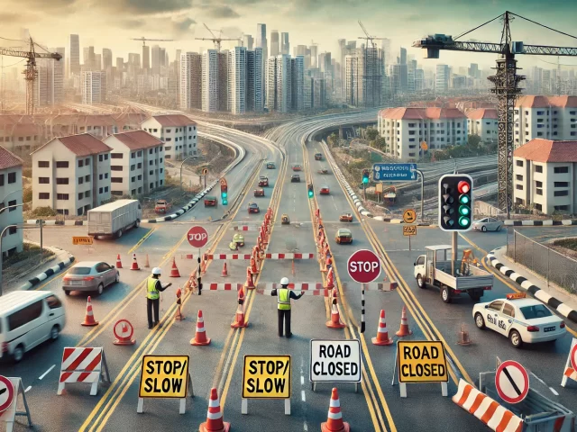 DALL·E 2024 08 09 10.27.09 A landscape view representing the various aspects of traffic control in an urban setting in Singapore. The scene includes a wide road with multiple la 1