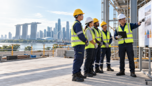 Workplace safety team in Singapore wearing PPE during a toolbox briefing