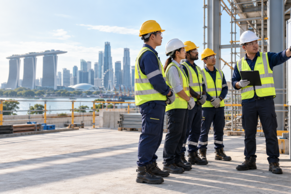 Workplace safety team in Singapore wearing PPE during a toolbox briefing