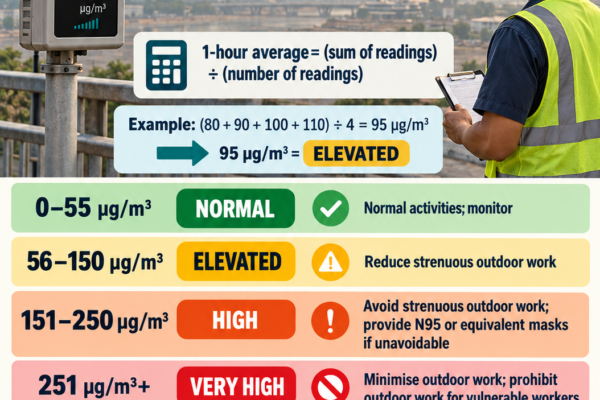 Poster explaining how to calculate 1-hour PM2.5 readings and the haze safety actions for outdoor workers